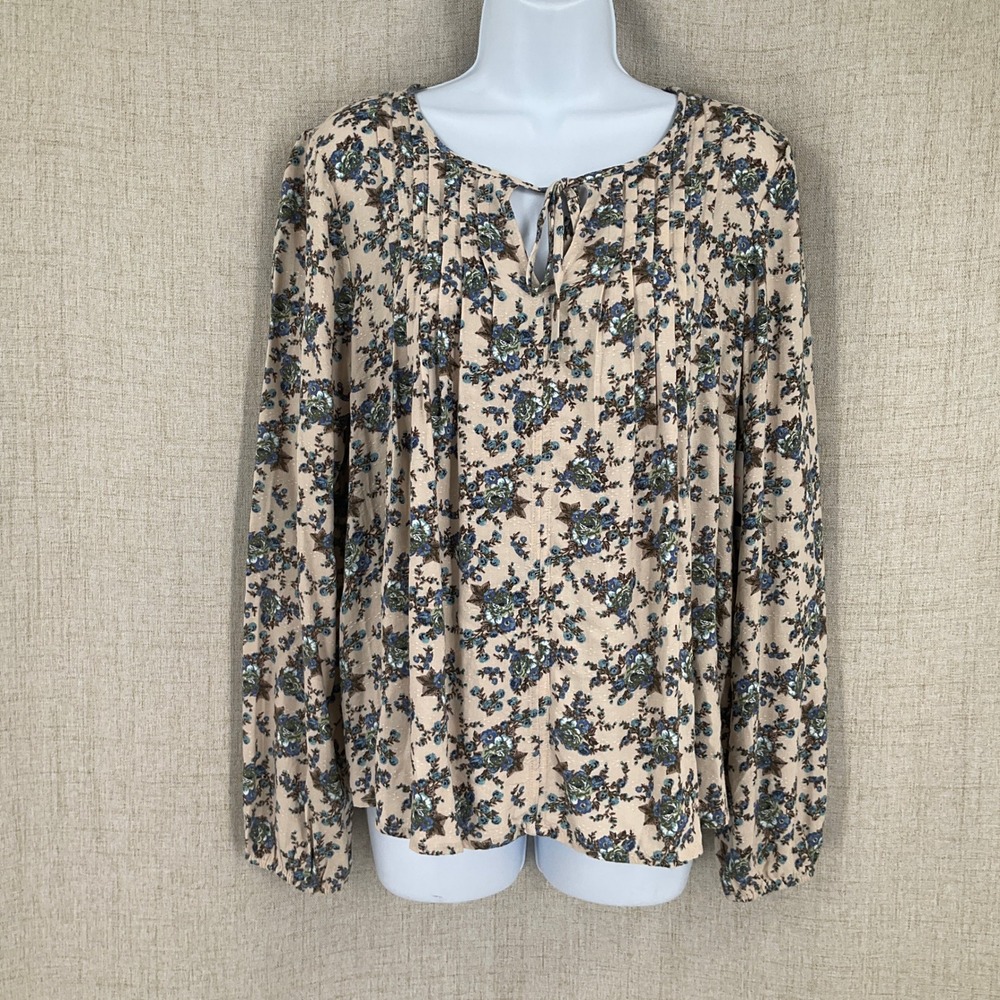 Lucky Brand Top Womens S Beige Floral Boho Pleated Tie Neck‎ Cottagecore NEW